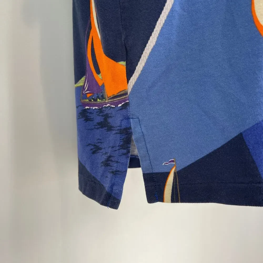 Vintage Polo Ralph Lauren Printed Polo Shirt Blue Abstract Sailing Motif Cotton